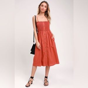 Smocked Button-Front Midi Dress